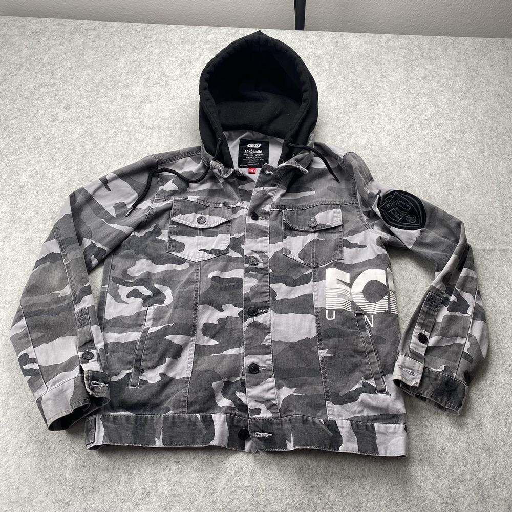 Ecko Unltd Jacket Mens Medium Gray Camo Hooded Button Front Military Hip Hop